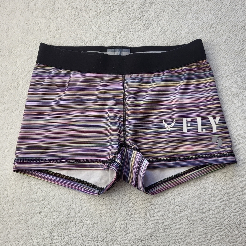 Soffe Fly Compression Shorts Purple Hued Stripes Women's Size Small